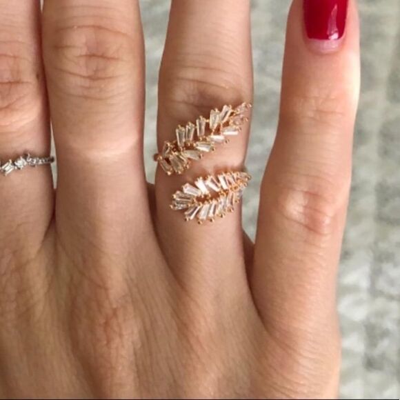 Crystal / Gold Leaf Open Adjustable Ring, Gold Leaf Statement Ring - Picture 6 of 6